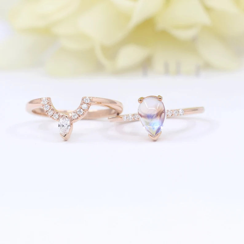 14K MOONSTONE RING MARQUISE DIAMOND CROWN U BAND 2 RING SET