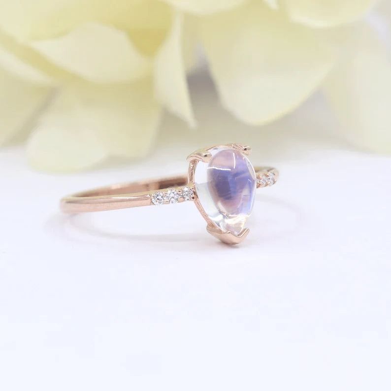 14K MOONSTONE RING MARQUISE DIAMOND CROWN U BAND 2 RING SET