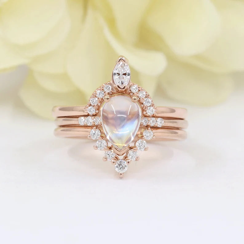 14K MOONSTONE RING MARQUISE DIAMOND CROWN U BAND 3 RING SET