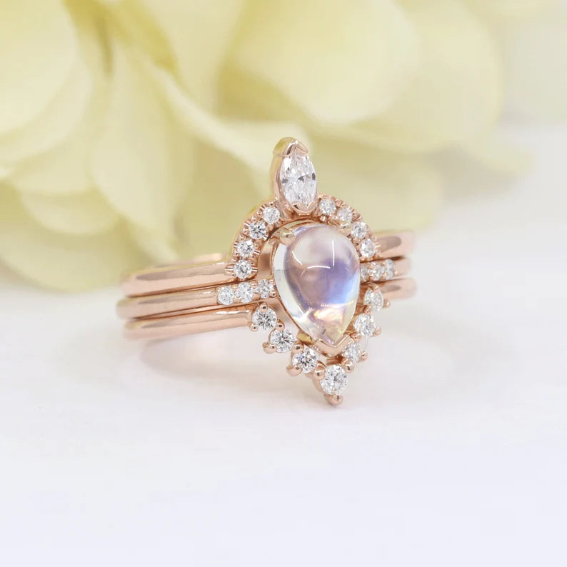 14K MOONSTONE RING MARQUISE DIAMOND CROWN U BAND 3 RING SET