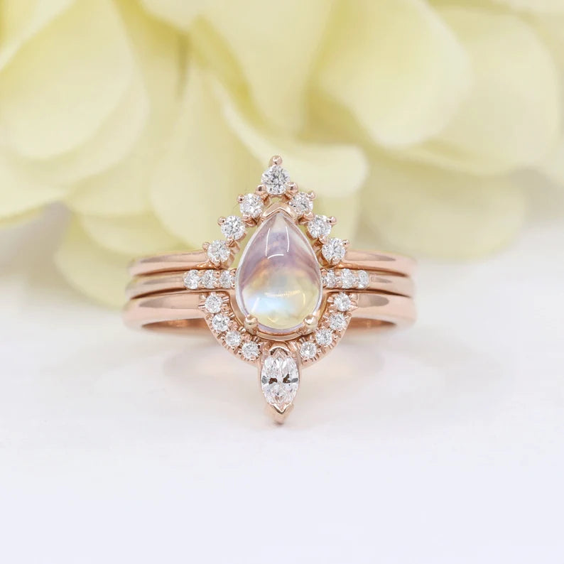 14K MOONSTONE RING MARQUISE DIAMOND CROWN U BAND 3 RING SET