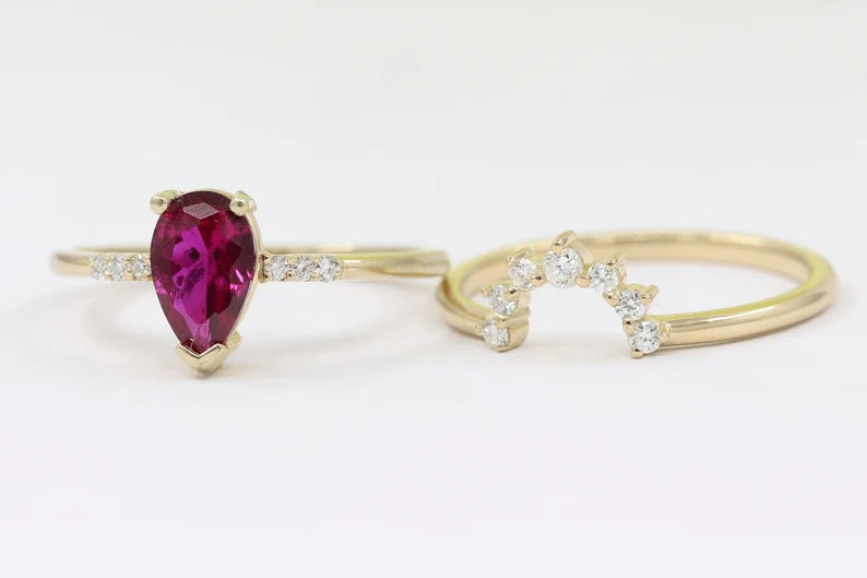14K LAB RUBY RING DIAMOND CROWN BAND 2 RING SET