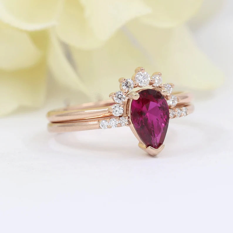 14K LAB RUBY RING DIAMOND CROWN BAND 2 RING SET