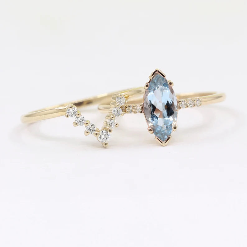 14K MARQUISE AQUAMARINE RING DIAMOND V BAND 2 RING SET