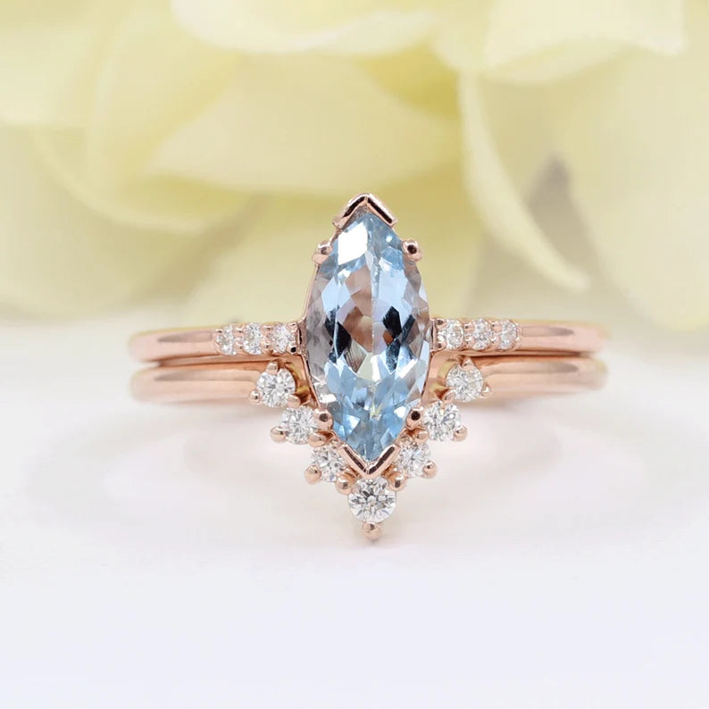 14K MARQUISE AQUAMARINE RING DIAMOND V BAND 2 RING SET
