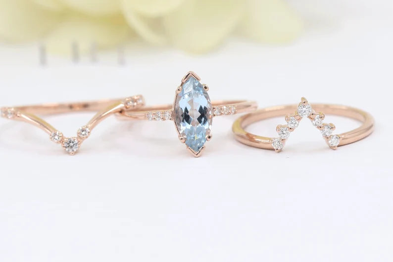 14K MARQUISE AQUAMARINE RING DIAMOND CHEVRON BAND 3 RING SET