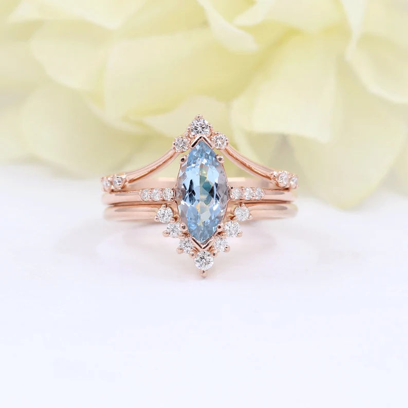 14K MARQUISE AQUAMARINE RING DIAMOND CHEVRON BAND 3 RING SET