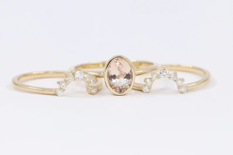 14K MORGANITE BEZEL DIAMOND CROWN BAND 3 RING SET