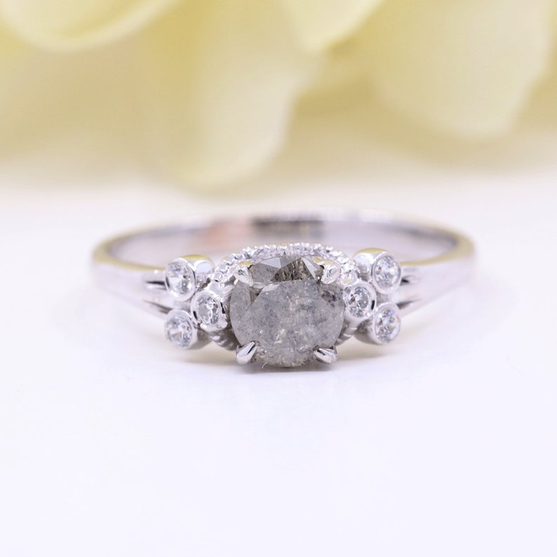 14K 0.59CT SALT AND PEPPER DIAMOND BEZEL CLUSTER RING