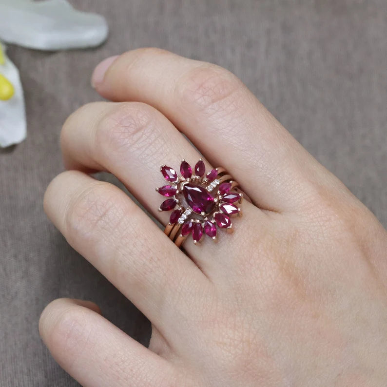 14K RUBY BEZEL RING MARQUISE RUBY CROWN U BAND 3 RING SET