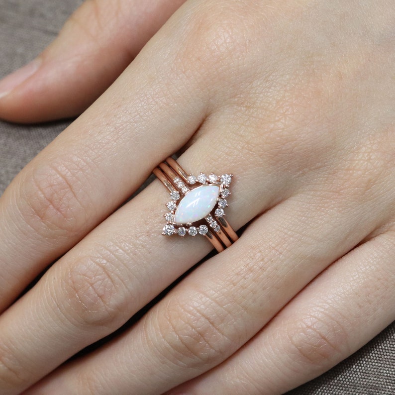 14K MARQUISE OPAL RING DIAMOND V BAND 3 RING SET