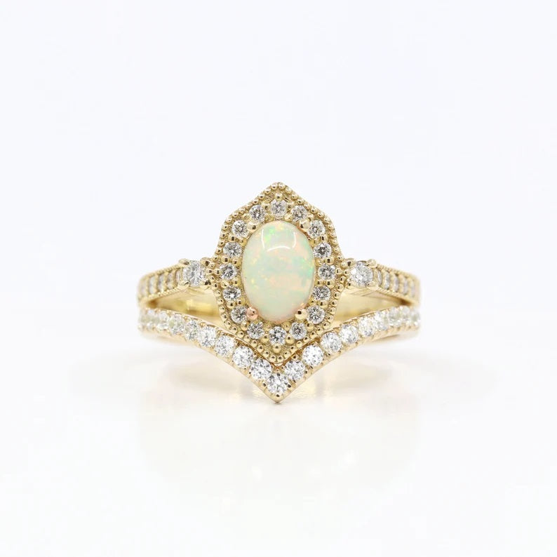 14K OPAL DIAMOND HALO CURVED BAND VINTAGE STYLE 2 RING SET