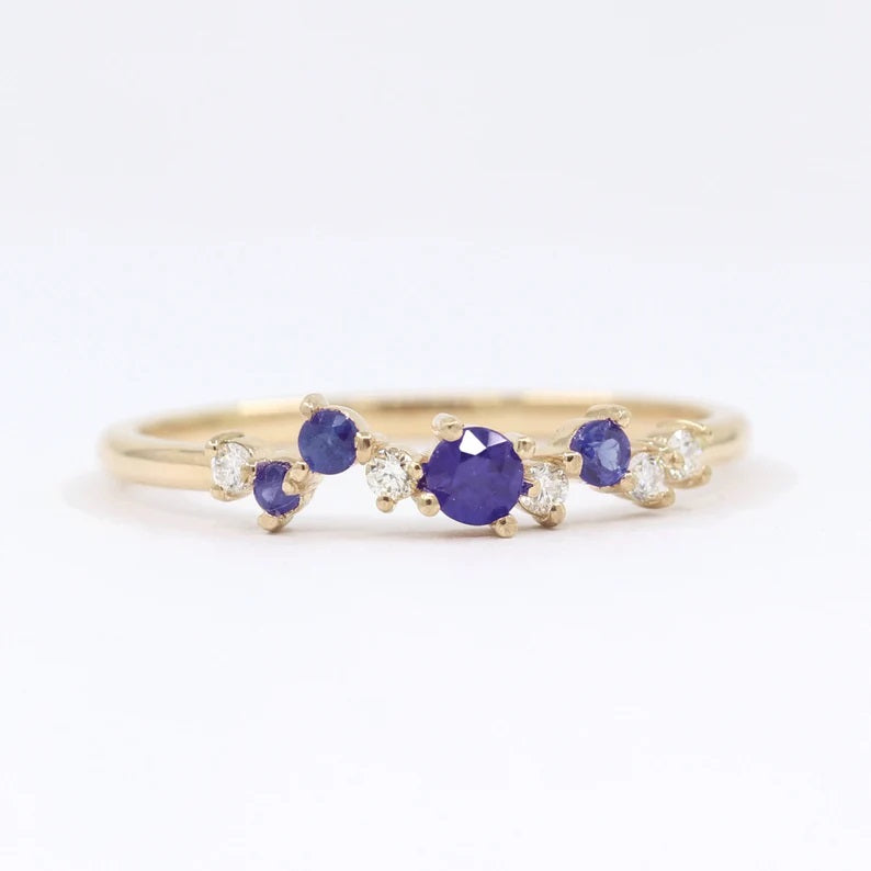 14K SAPPHIRE DIAMOND CLUSTER BAND
