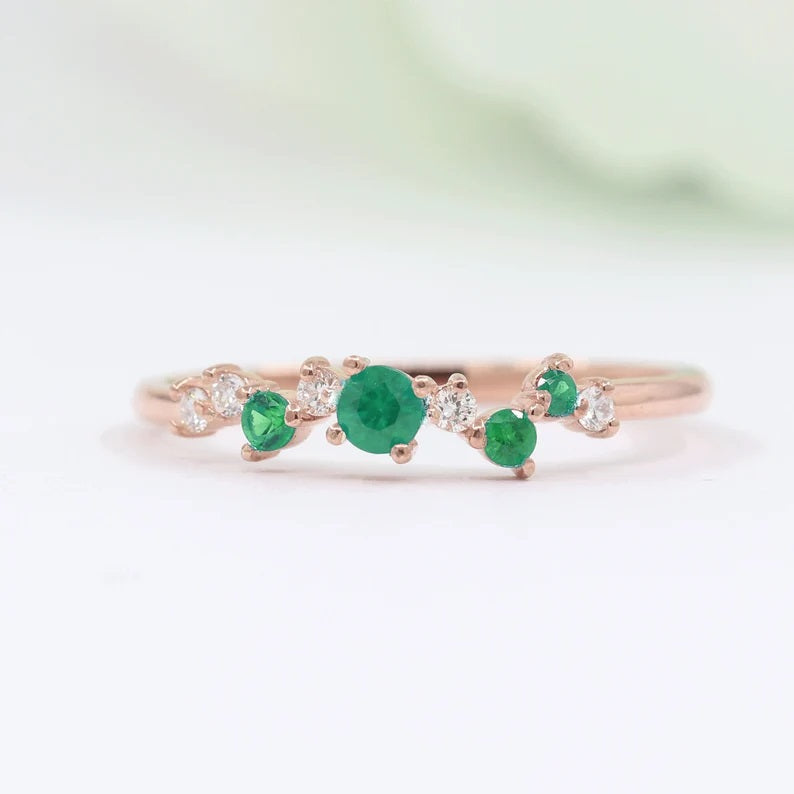 14K EMERLAD DIAMOND CLUSTER BAND