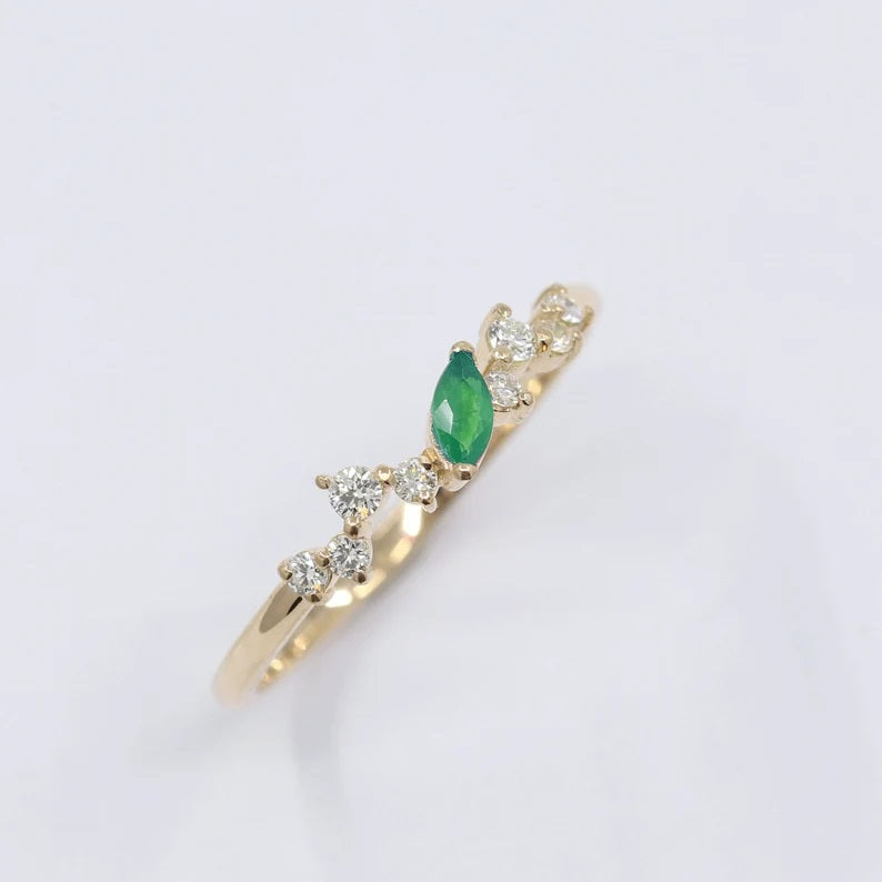 14K MARQUISE EMERALD DIAMOND CLUSTER BAND