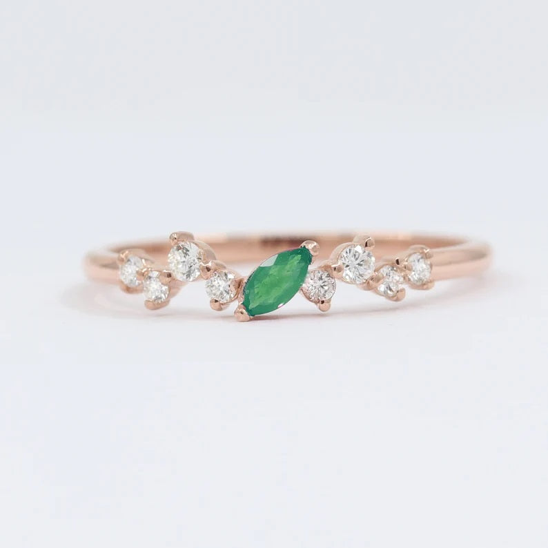 14K MARQUISE EMERALD DIAMOND CLUSTER BAND