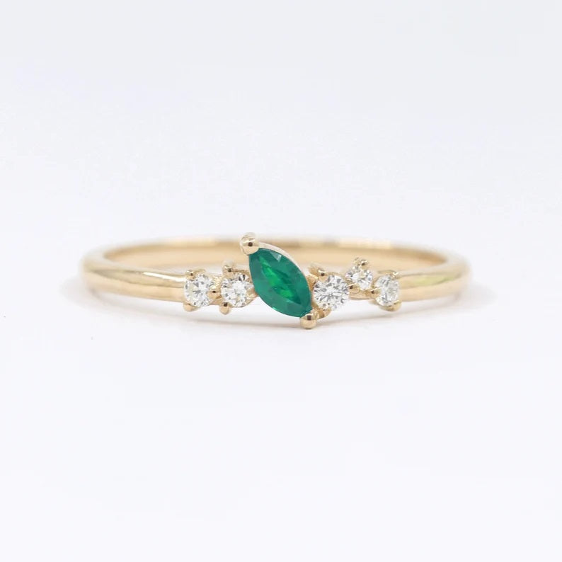 14K 1 MARQUISE EMERALD DIAMOND CLUSTER BAND
