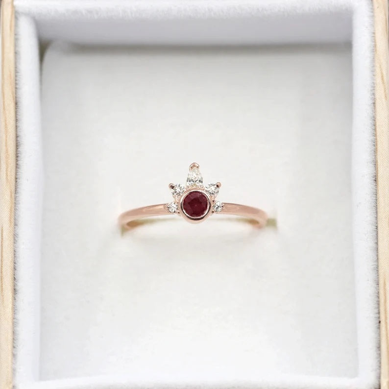 14K RUBY BEZEL DIAMOND CROWN RING