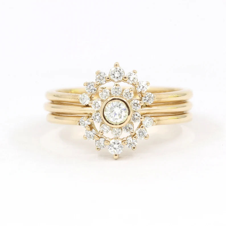 14K DIAMOND BEZEL FLOWER CROWN BAND 3 RING SET