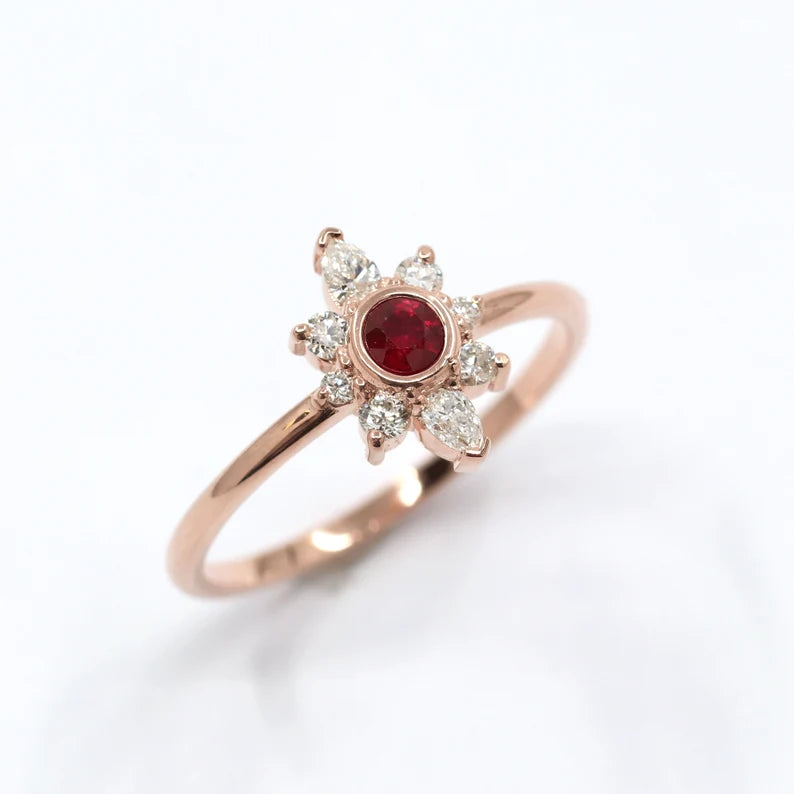 14K RUBY BEZEL DIAMOND FLOWER RING