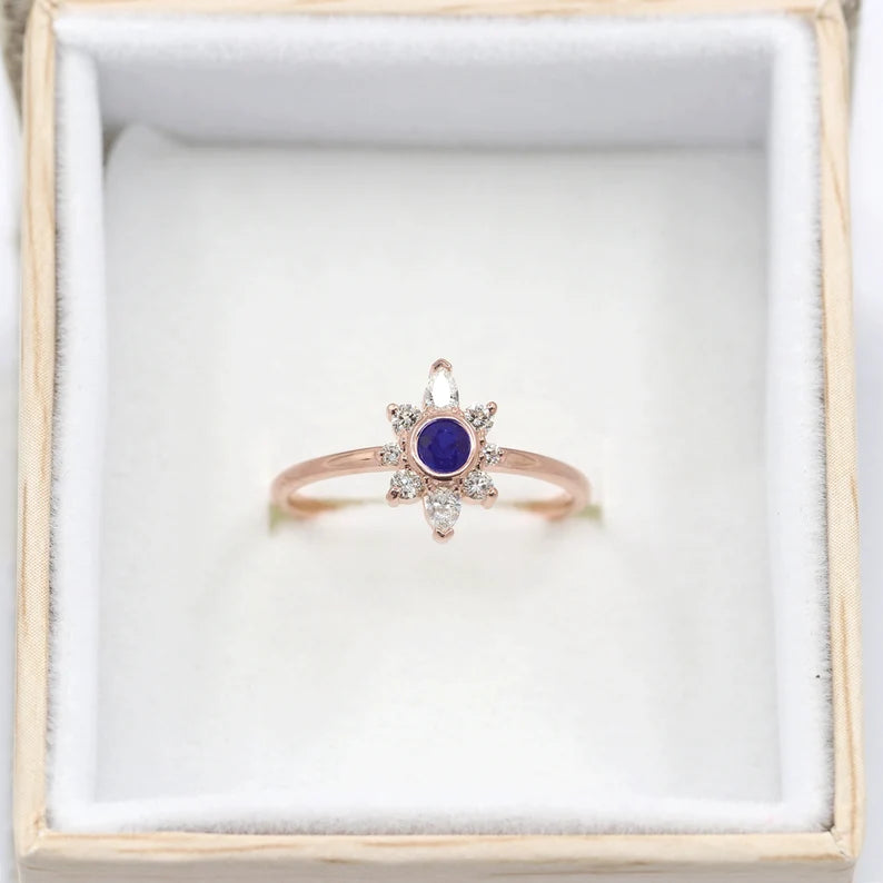 14K SAPPHIRE BEZEL DIAMOND FLOWER RING
