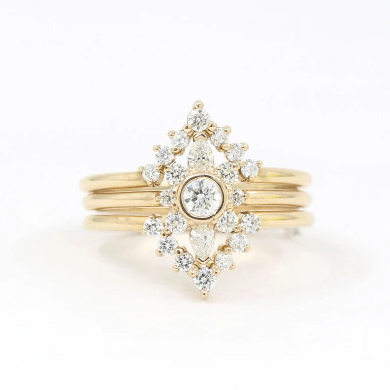 14K DIAMOND BEZEL FLOWER V SHAPE BAND 3 RING SET