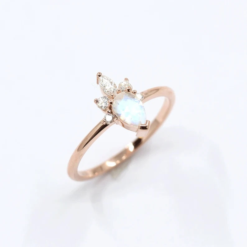 14K MOONSTONE DIAMOND CROWN RING