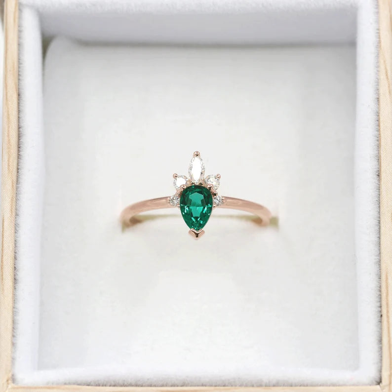 14K LAB EMERALD DIAMOND CROWN RING