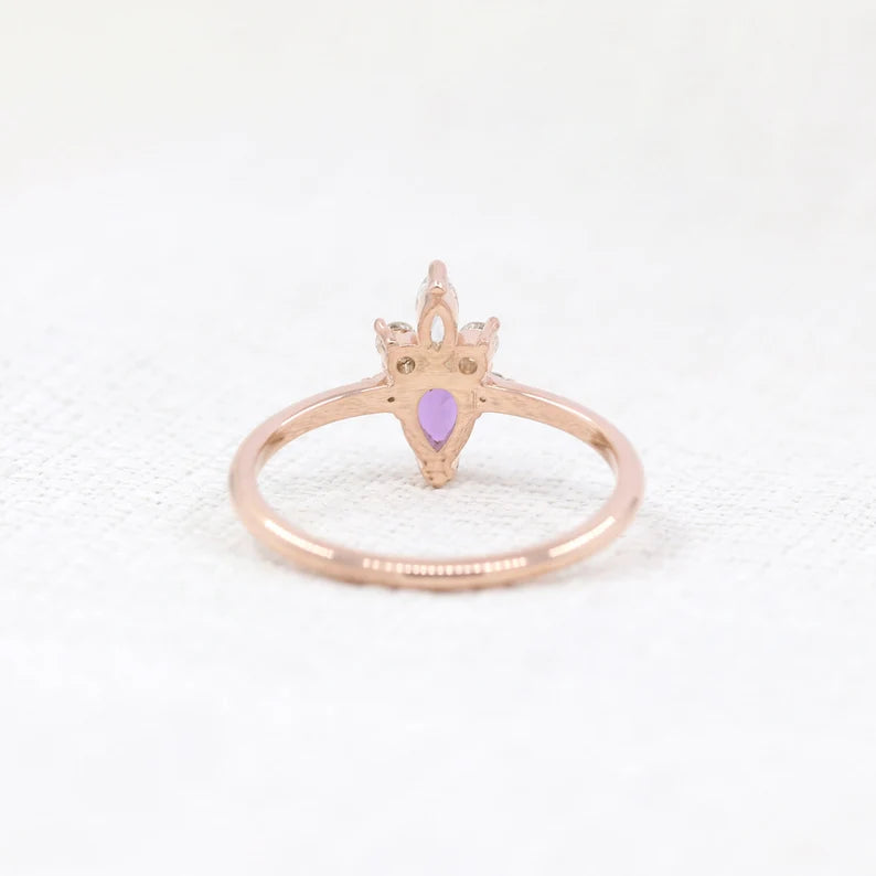 14K PEAR AMETHYST DIAMOND CROWN RING