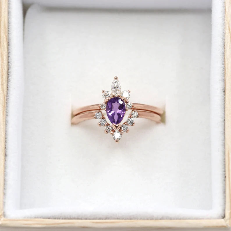 14K AMETHYST CROWN RING DIAMOND V BAND SET