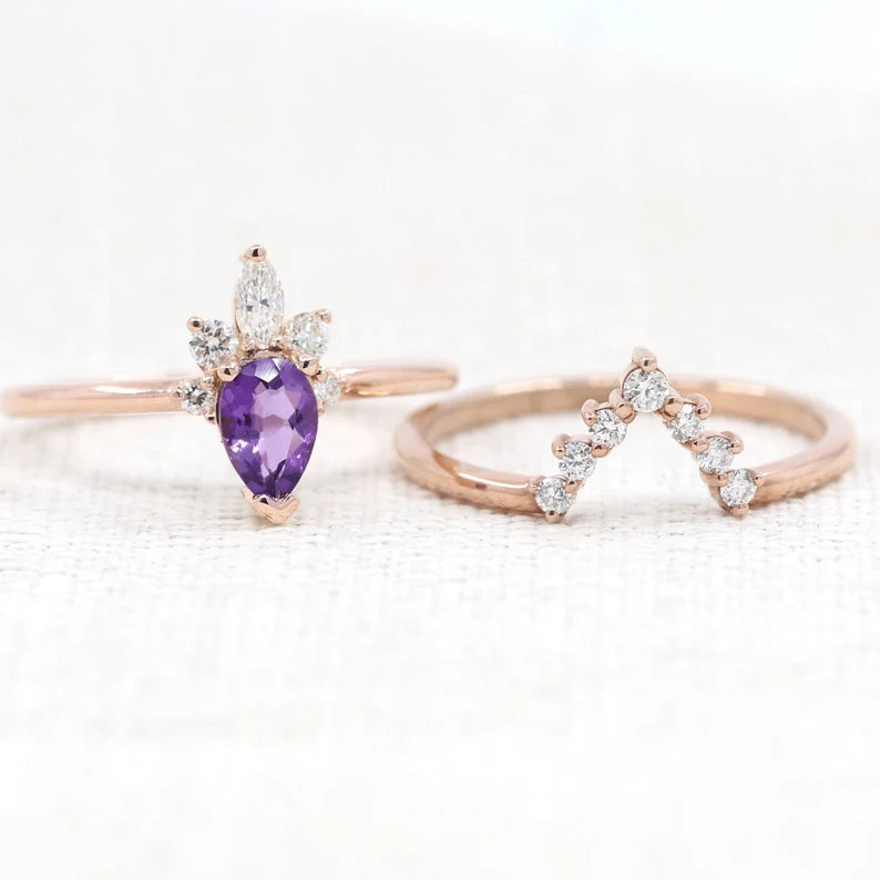 14K AMETHYST CROWN RING DIAMOND V BAND SET