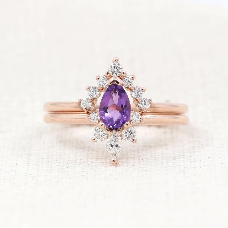 14K AMETHYST CROWN RING DIAMOND V BAND SET