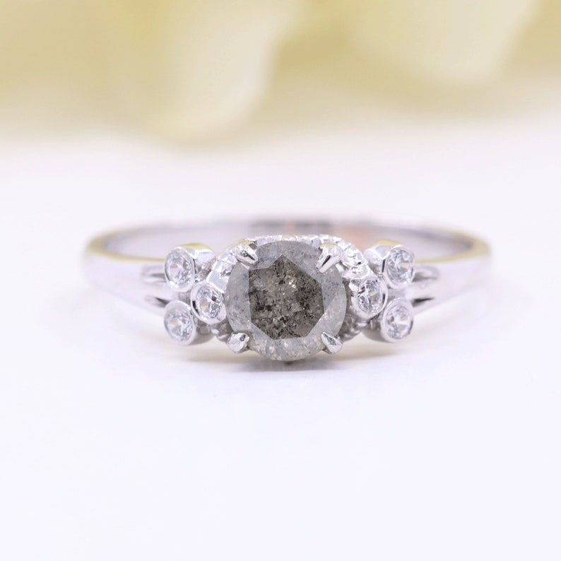 14K 0.59CT SALT AND PEPPER DIAMOND BEZEL CLUSTER RING