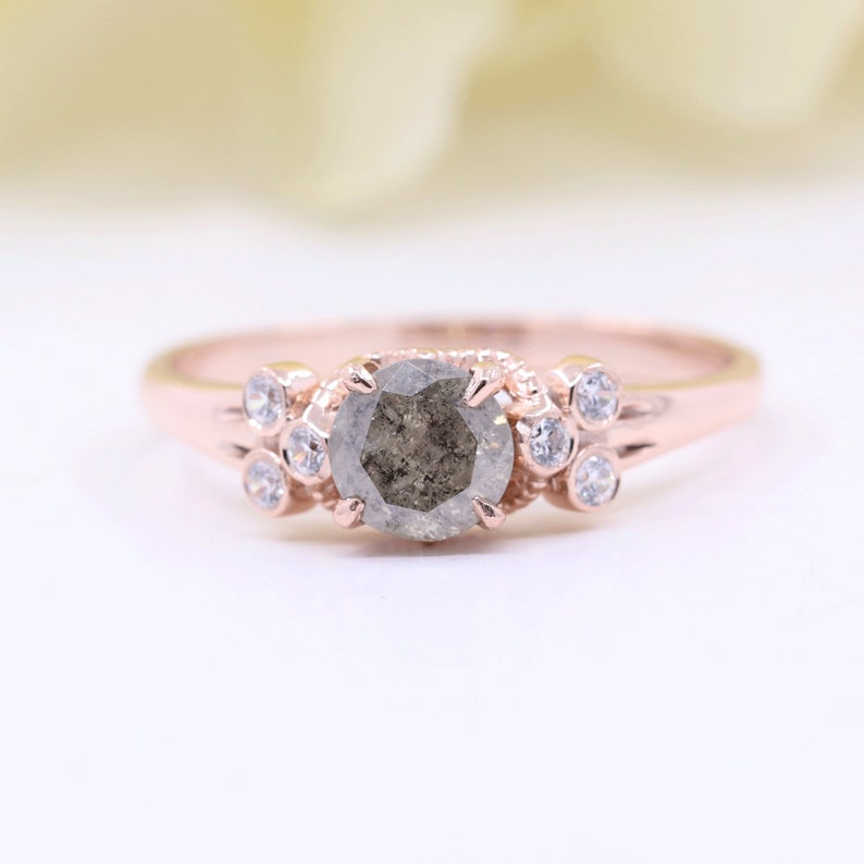 14K 0.59CT SALT AND PEPPER DIAMOND BEZEL CLUSTER RING