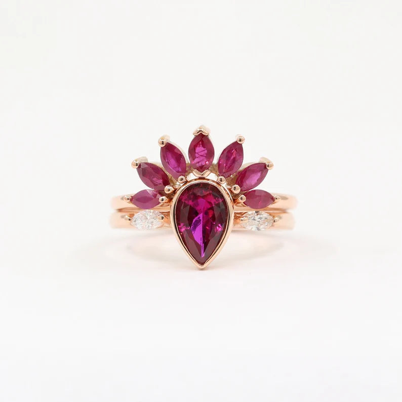 14K RUBY BEZEL RING MARQUISE RUBY CROWN U BAND 2 RING SET