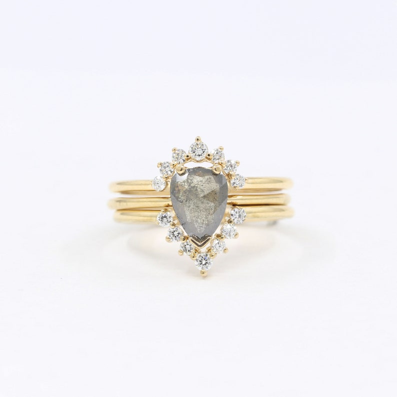 14K PEAR SALT AND PEPPER RING DIAMOND CROWN BAND 3 RING SET