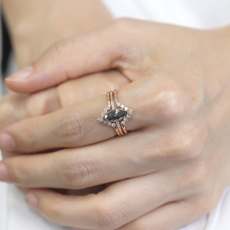 14K 1.43CT SALT AND PEPPER RING DIAMOND V BAND 3 RING SET
