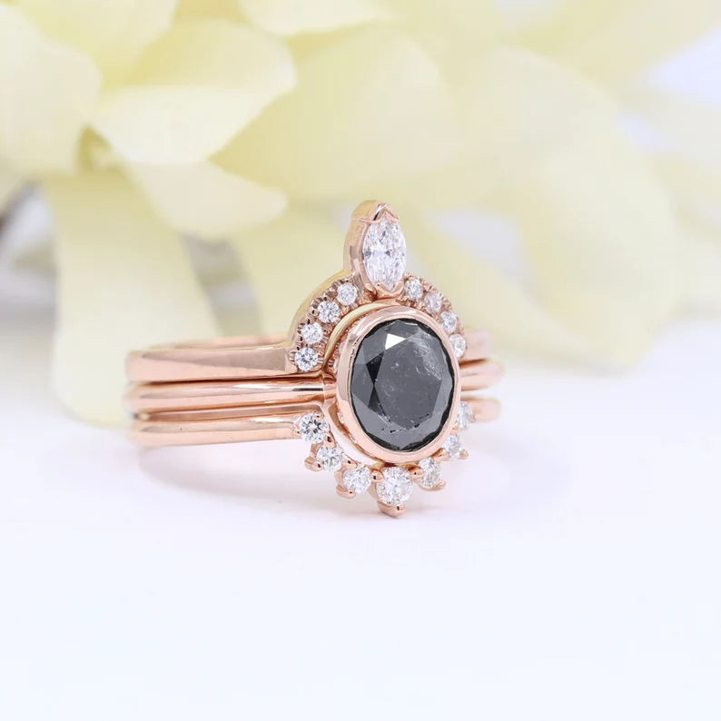 14K 1.3CT SALT AND PEPPER BEZEL RING DIAMOND CROWN U BAND 3 RING SET