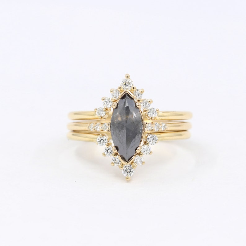 14K 1.07CT SALT AND PEPPER RING DIAMOND V BAND 3 RING SET