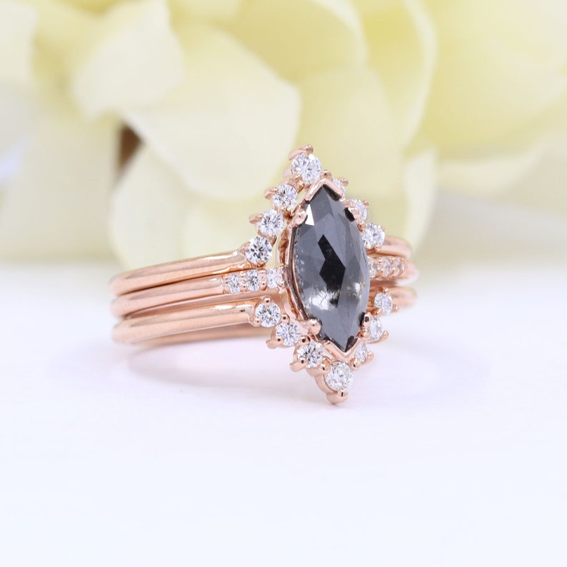 14K 1.07CT SALT AND PEPPER RING DIAMOND V BAND 3 RING SET