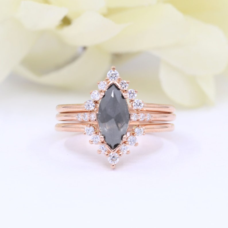 14K 1.07CT SALT AND PEPPER RING DIAMOND V BAND 3 RING SET