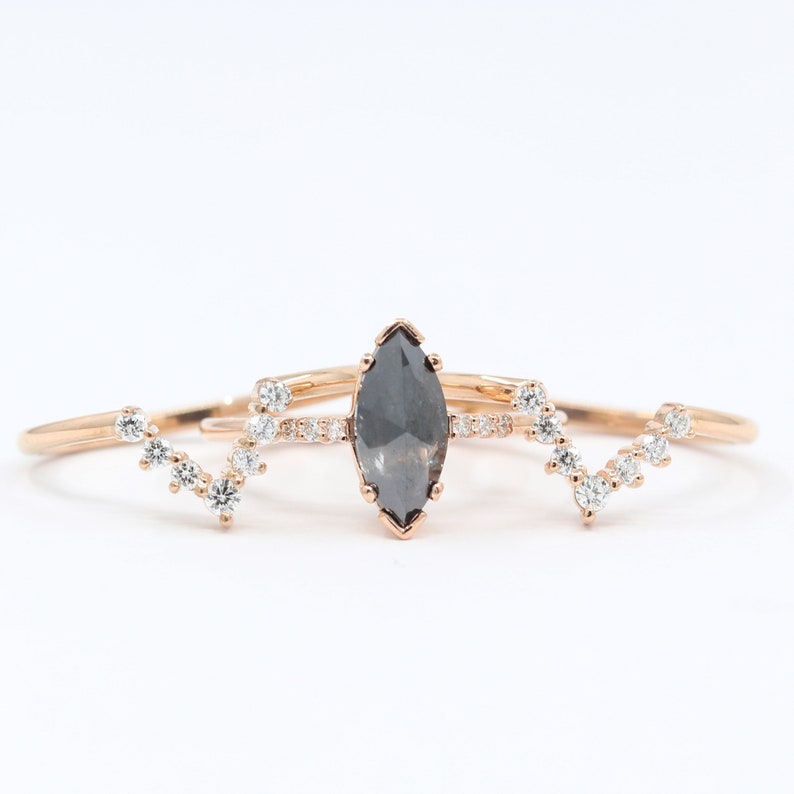 14K 1.07CT SALT AND PEPPER RING DIAMOND V BAND 3 RING SET
