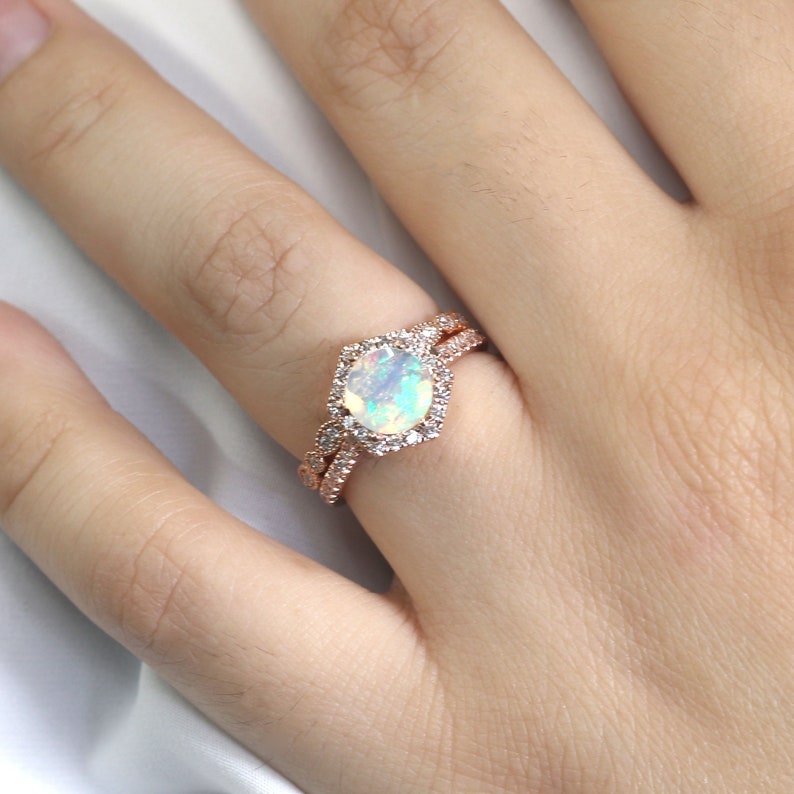 14K OPAL DIAMOND HALO HEXAGON RING ART DECO BAND 2 RING SET