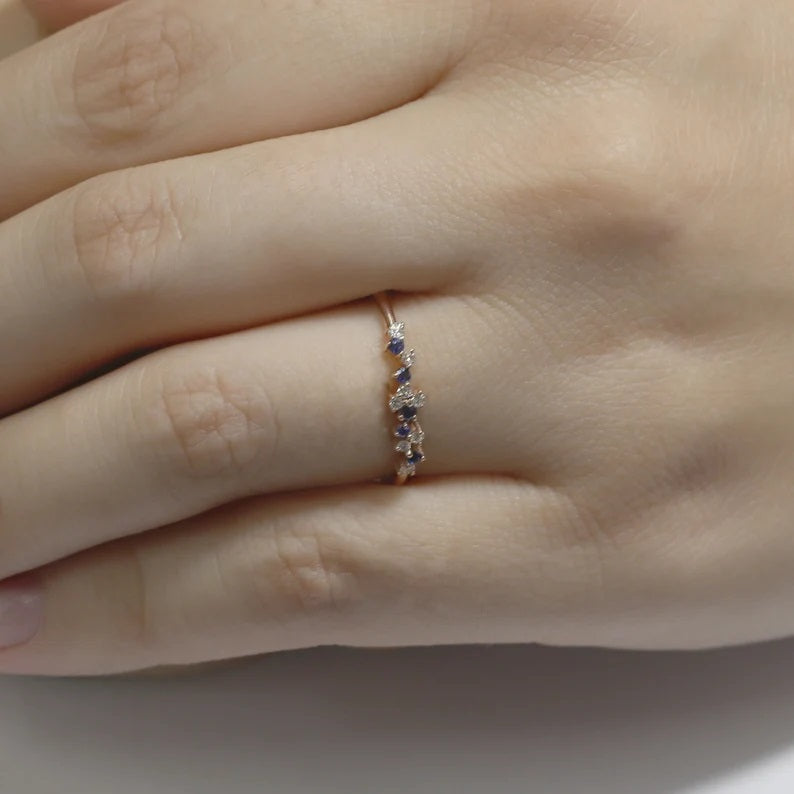 14K SAPPHIRE DIAMOND CLUSTER BAND