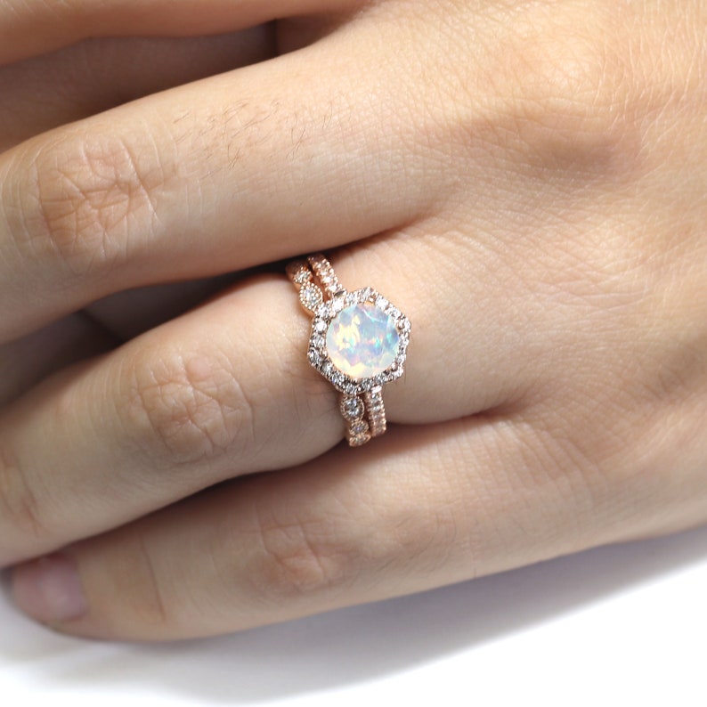 14K OPAL DIAMOND HALO HEXAGON RING ART DECO BAND 2 RING SET
