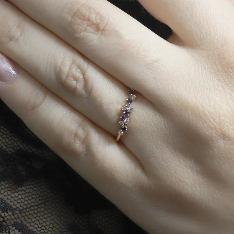 14K SAPPHIRE DIAMOND CLUSTER BAND