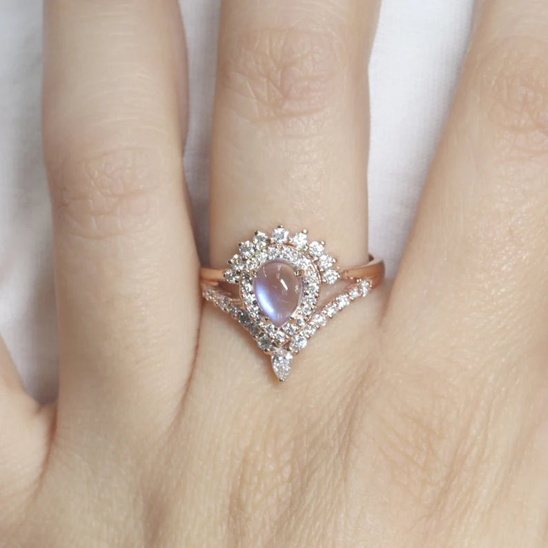 14K MOONSTONE DIAMOND HALO CHEVRON RING