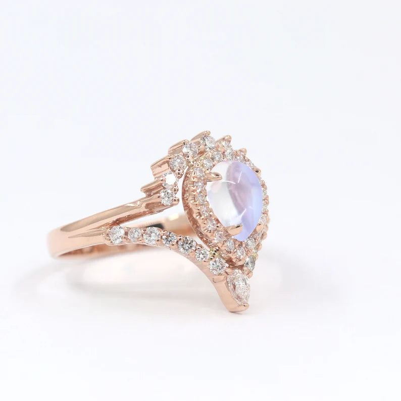 14K MOONSTONE DIAMOND HALO CHEVRON RING