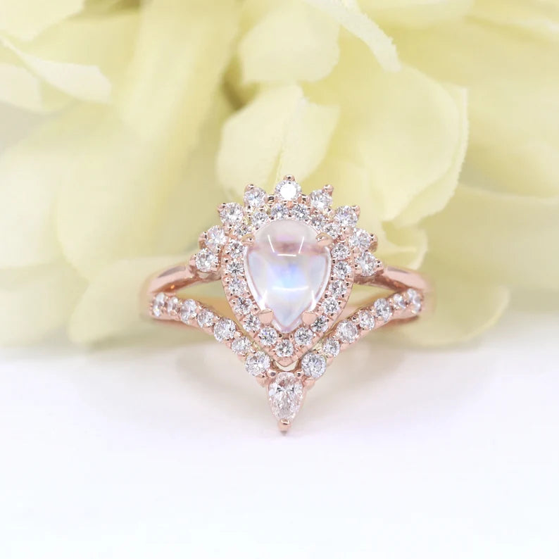 14K MOONSTONE DIAMOND HALO CHEVRON RING