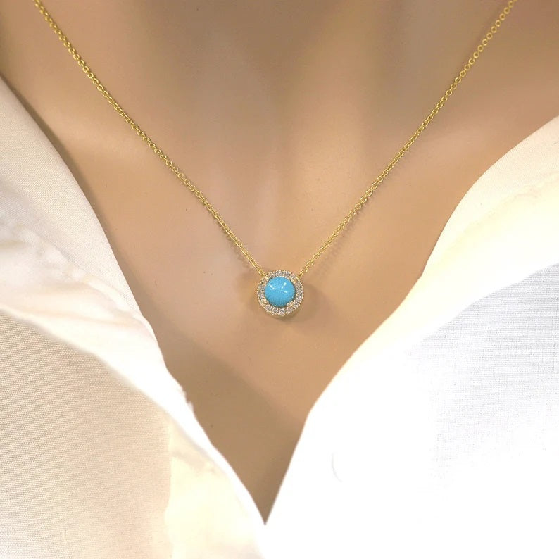 14K TURQUOISE DIAMOND HALO NECKLACE